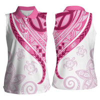 Rose Pink Polynesian Tribal Turtle Floral Pattern Women Sleeveless Polo Shirt