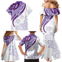 Purple Polynesian Tribal Turtle Floral Pattern Family Matching Mermaid Dress and Hawaiian Shirt