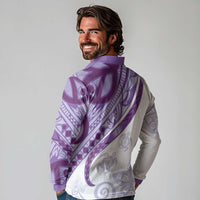 Purple Polynesian Tribal Turtle Floral Pattern Long Sleeve Polo Shirt