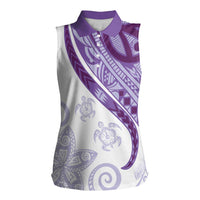 Purple Polynesian Tribal Turtle Floral Pattern Women Sleeveless Polo Shirt