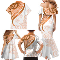 Orange Polynesian Tribal Turtle Floral Pattern Family Matching Mermaid Dress and Hawaiian Shirt
