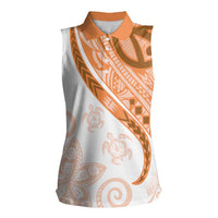 Orange Polynesian Tribal Turtle Floral Pattern Women Sleeveless Polo Shirt
