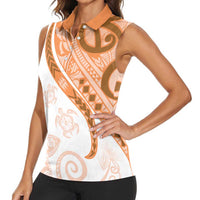 Orange Polynesian Tribal Turtle Floral Pattern Women Sleeveless Polo Shirt