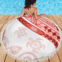 Coral Red Polynesian Tribal Turtle Floral Pattern Beach Blanket