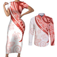 Coral Red Polynesian Tribal Turtle Floral Pattern Couples Matching Short Sleeve Bodycon Dress and Long Sleeve Button Shirt