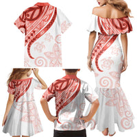 Coral Red Polynesian Tribal Turtle Floral Pattern Family Matching Mermaid Dress and Hawaiian Shirt