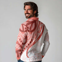 Coral Red Polynesian Tribal Turtle Floral Pattern Long Sleeve Polo Shirt