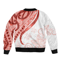 Coral Red Polynesian Tribal Turtle Floral Pattern Sleeve Zip Bomber Jacket