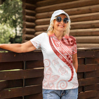 Coral Red Polynesian Tribal Turtle Floral Pattern Women Polo Shirt