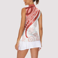 Coral Red Polynesian Tribal Turtle Floral Pattern Women Sleeveless Polo Shirt