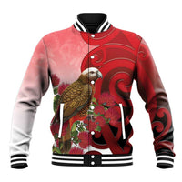 New Zealand Parrot Kaka Baseball Jacket Maori Koru With Pohutukawa Flowers LT05 Unisex Red - Polynesian Pride