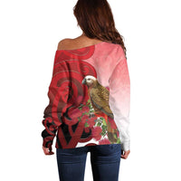 New Zealand Parrot Kaka Off Shoulder Sweater Maori Koru With Pohutukawa Flowers - Polynesian Pride