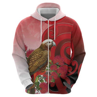New Zealand Parrot Kaka Zip Hoodie Maori Koru With Pohutukawa Flowers - Polynesian Pride