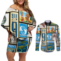 FSM Micronesia Culture Couples Matching Off Shoulder Short Dress and Long Sleeve Button Shirt