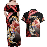 Personalised French Polynesia Victory Day Couples Matching Off Shoulder Maxi Dress and Hawaiian Shirt Polynesian Pattern Plumeria LT05 - Polynesian Pride