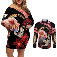 Personalised French Polynesia Victory Day Couples Matching Off Shoulder Short Dress and Long Sleeve Button Shirt Polynesian Pattern Plumeria LT05 Black - Polynesian Pride