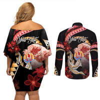Personalised French Polynesia Victory Day Couples Matching Off Shoulder Short Dress and Long Sleeve Button Shirt Polynesian Pattern Plumeria LT05 - Polynesian Pride