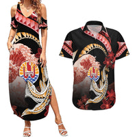 Personalised French Polynesia Victory Day Couples Matching Summer Maxi Dress and Hawaiian Shirt Polynesian Pattern Plumeria LT05 Black - Polynesian Pride