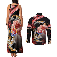 Personalised French Polynesia Victory Day Couples Matching Tank Maxi Dress and Long Sleeve Button Shirt Polynesian Pattern Plumeria