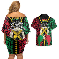 Vanuatu 45th Independence Day Couples Matching Off Shoulder Short Dress and Hawaiian Shirt Long God Yumi Stanap Wild Boar LT05