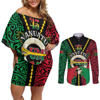 Vanuatu 45th Independence Day Couples Matching Off Shoulder Short Dress and Long Sleeve Button Shirt Long God Yumi Stanap Wild Boar LT05