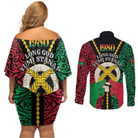 Vanuatu 45th Independence Day Couples Matching Off Shoulder Short Dress and Long Sleeve Button Shirt Long God Yumi Stanap Wild Boar LT05