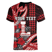 Personalized Hawaii Lahainaluna High School Women V-Neck T-Shirt Tribal Tattoo With Hibiscus Flowers