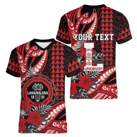 Personalized Hawaii Lahainaluna High School Women V-Neck T-Shirt Tribal Tattoo With Hibiscus Flowers