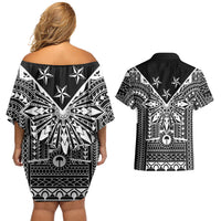 Black Philippines Sun Star Couples Matching Off Shoulder Short Dress and Hawaiian Shirt Igorot Tribal Inspiration LT05 - Polynesian Pride