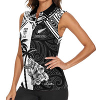 Custom New Zealand And Fiji Rugby 2024 Women Sleeveless Polo Shirt Maori Kiwi With Fijian Palm Tree
