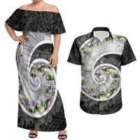 Piko Hawaii Couples Matching Off Shoulder Maxi Dress and Hawaiian Shirt Polynesian Pattern With Maile Pikake Honohono Lei