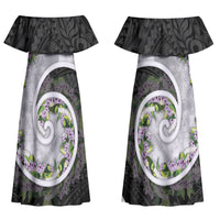 Piko Hawaii Couples Matching Off Shoulder Maxi Dress and Hawaiian Shirt Polynesian Pattern With Maile Pikake Honohono Lei