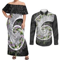 Piko Hawaii Couples Matching Off Shoulder Maxi Dress and Long Sleeve Button Shirt Polynesian Pattern With Maile Pikake Honohono Lei
