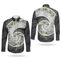 Piko Hawaii Couples Matching Off The Shoulder Long Sleeve Dress and Long Sleeve Button Shirt Polynesian Pattern With Maile Pikake Honohono Lei