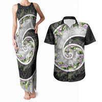 Piko Hawaii Couples Matching Tank Maxi Dress and Hawaiian Shirt Polynesian Pattern With Maile Pikake Honohono Lei
