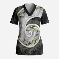 Piko Hawaii Scrub Top Polynesian Pattern With Maile Pikake Honohono Lei