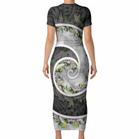 Piko Hawaii Short Sleeve Bodycon Dress Polynesian Pattern With Maile Pikake Honohono Lei