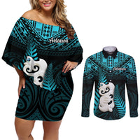 New Zealand Couples Matching Off Shoulder Short Dress and Long Sleeve Button Shirts Manaia Maori Pattern With Turquoise Fern LT05 Turquoise - Polynesian Pride