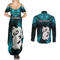 New Zealand Couples Matching Summer Maxi Dress and Long Sleeve Button Shirts Manaia Maori Pattern With Turquoise Fern LT05 - Polynesian Pride