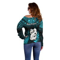 New Zealand Off Shoulder Sweater Manaia Maori Pattern With Turquoise Fern LT05 - Polynesian Pride