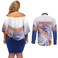 Personalised Marshall Islands Manit Day Couples Matching Off Shoulder Short Dress and Long Sleeve Button Shirt Polynesian Tribal Tattoo Tropical Style