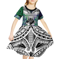 Custom New Zealand Warrior Kid Short Sleeve Dress Maori Tribal Pattern