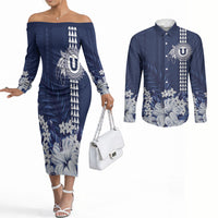Personalized Utah State Couples Matching Off The Shoulder Long Sleeve Dress and Long Sleeve Button Shirt Polynesian Style