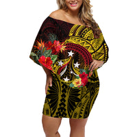 Personalized Papua New Guinea Family Matching Off Shoulder Short Dress and Hawaiian Shirt Coat Of Arms Tropical Flowers Polynesian Pattern LT05 Mom's Dress Yellow - Polynesian Pride