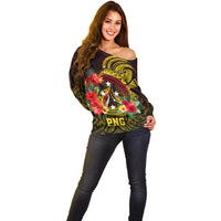 Personalized Papua New Guinea Off Shoulder Sweater Coat Of Arms Tropical Flowers Polynesian Pattern LT05 - Polynesian Pride
