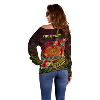 Personalized Papua New Guinea Off Shoulder Sweater Coat Of Arms Tropical Flowers Polynesian Pattern LT05 - Polynesian Pride