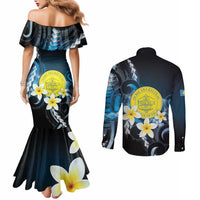 Palau United Nations Day Couples Matching Mermaid Dress and Long Sleeve Button Shirt Polynesian Curves Plumeria - Polynesian Pride