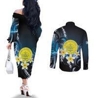 Palau United Nations Day Couples Matching Off The Shoulder Long Sleeve Dress and Long Sleeve Button Shirt Polynesian Curves Plumeria - Polynesian Pride