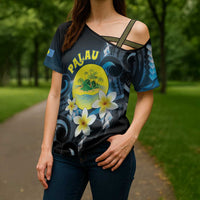 Palau United Nations Day Cross Shoulder Shirt Polynesian Curves Plumeria - Polynesian Pride