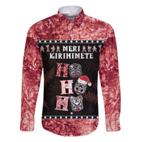 Personalised New Zealand Tiki Christmas Family Matching Off The Shoulder Long Sleeve Dress and Hawaiian Shirt Ho Ho Ho Paua Shell Glitter Red LT05 Dad's Shirt - Long Sleeve Black - Polynesian Pride